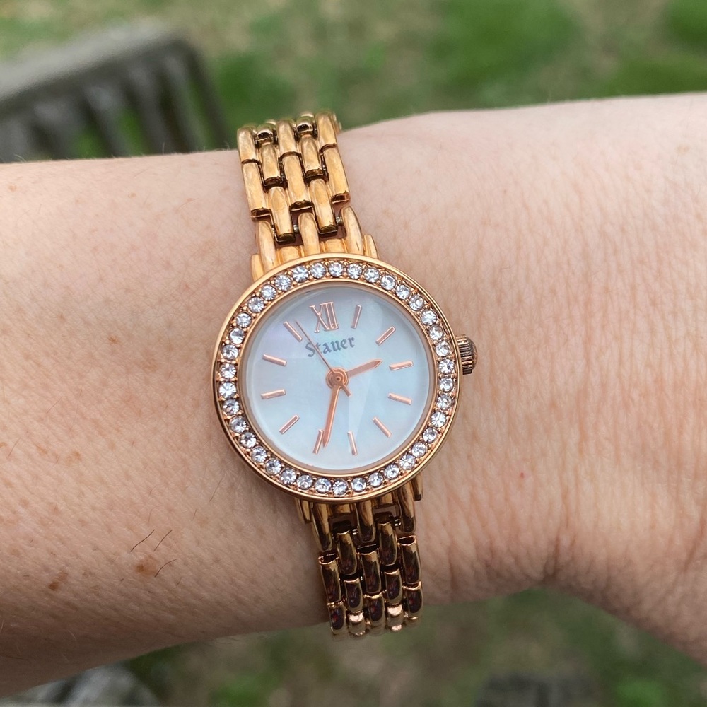 Stauer Bella Rose Watch rose gold mother of pearl face Diamondaura accents NIB